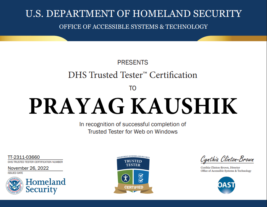 DHS Trusted Tester Web on Windows Accessibility Certificate - Prayag Kaushik